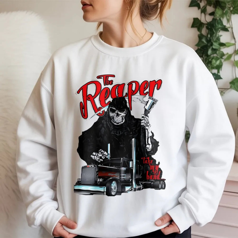 The Reaper Trucker Sweatshirt | Skull Semi Truck Graphic Print | Premium Cotton Blend Crewneck | Gift for Truck Drivers and Heavy Duty Enthusiasts