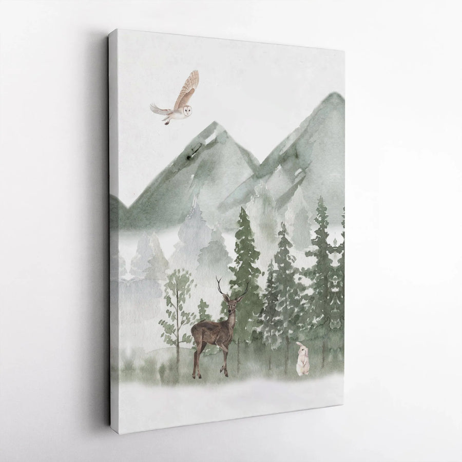 Misty Forest Wall Art | Watercolor Woodland Animal Canvas Print | Premium Gallery Wrapped Decor | Nature Gift for Nursery or Living Room