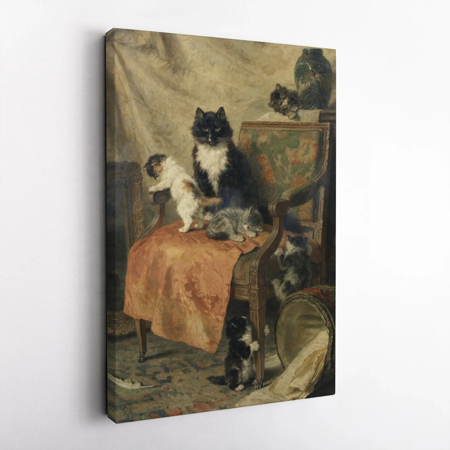Vintage Cat Painting Canvas | Victorian Mother Cat with Kittens Print | Premium Gallery Wrap Wall Art | Dark Academia Home Decor Gift for Cat Lovers
