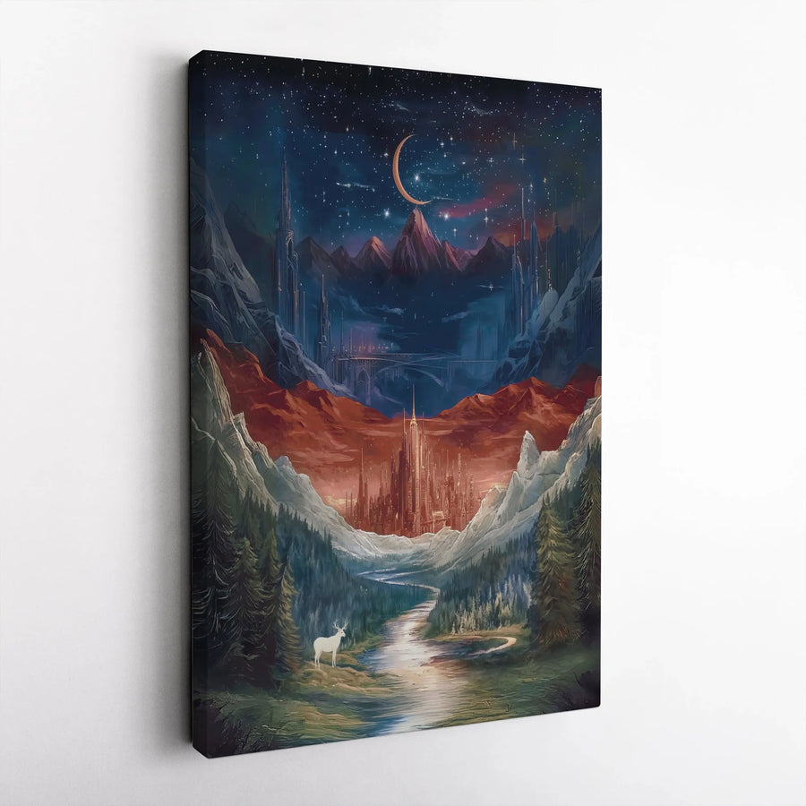 Fantasy Mountain Kingdom Canvas | Ethereal White Stag Art | Gallery Quality 1.25 Inch Profile | Magical Forest Wall Decor for Home