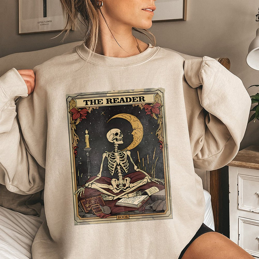Skeleton Tarot Card Sweatshirt | The Reader Gothic Moon Aesthetic | Soft Cotton Blend Crewneck | Witchy Occult Gift For Book Lovers
