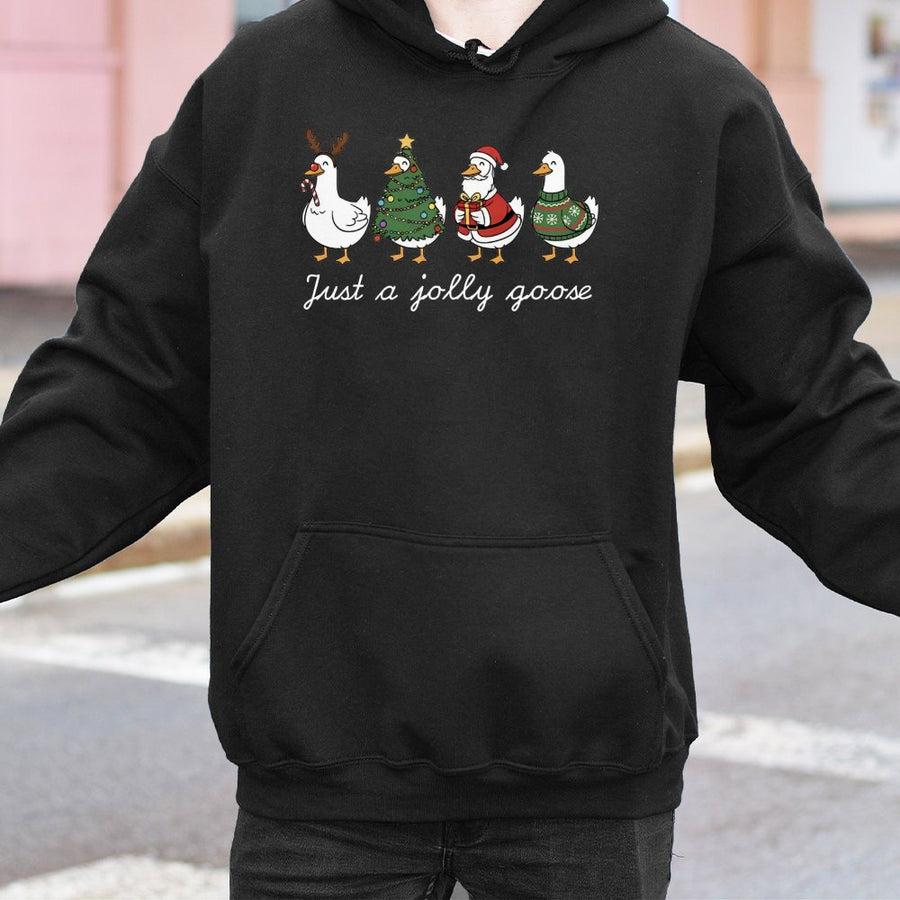 Just A Jolly Goose Hoodie | Cute Christmas Duck Graphic Sweatshirt | Premium Cotton-Blend Pullover | Funny Holiday Gift For Animal Lovers