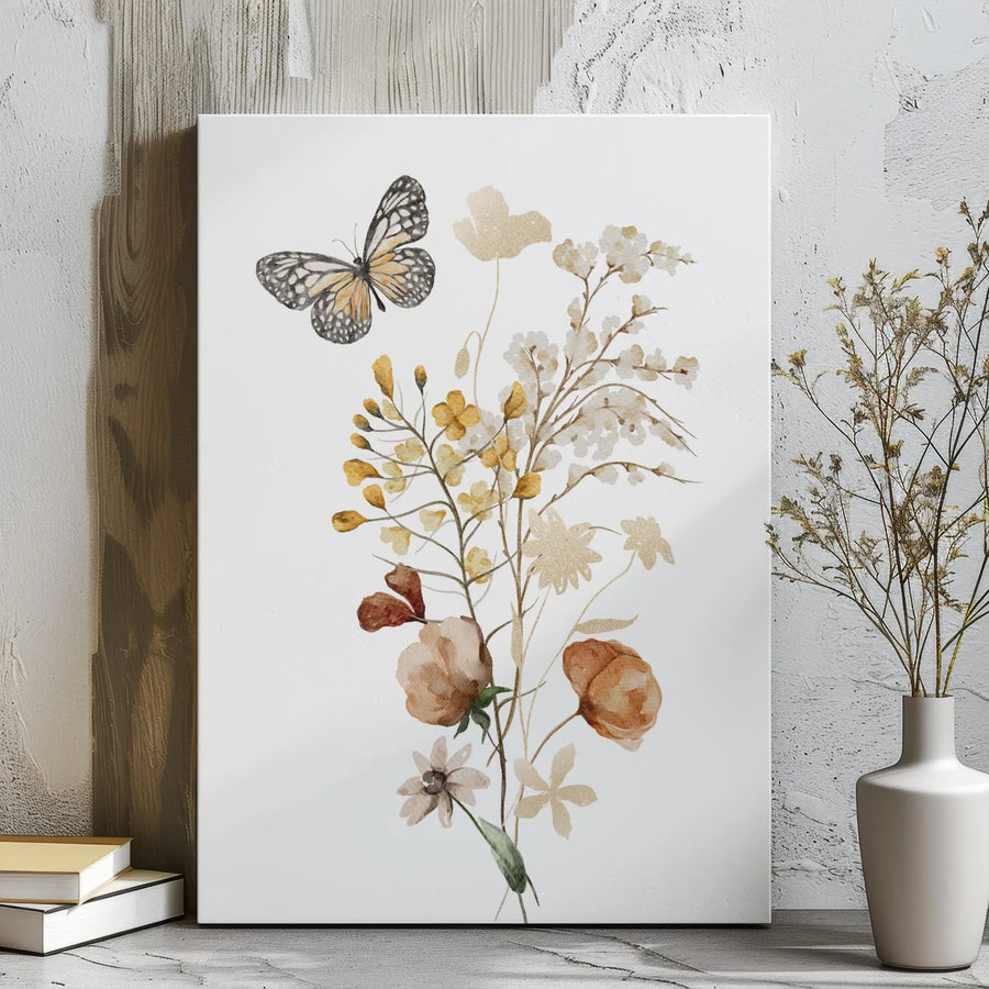 Watercolor Butterfly Wall Art | Bohemian Wildflower Floral Bouquet | Premium Gallery Wrapped Canvas | Minimalist Nature Home Decor Gift