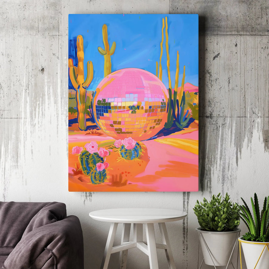 Pink Disco Ball Wall Art | Desert Cactus Landscape Print | Premium 1.25-Inch Gallery Canvas | Modern Bohemian Home Decor Gift