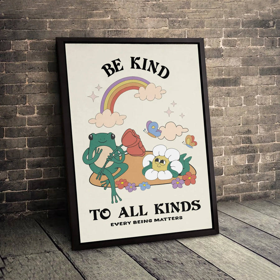Be Kind To All Kinds Wall Art | Retro Frog And Flower Rainbow Canvas | Premium Fade-Resistant Print | Aesthetic Nursery Or Classroom Decor Gift