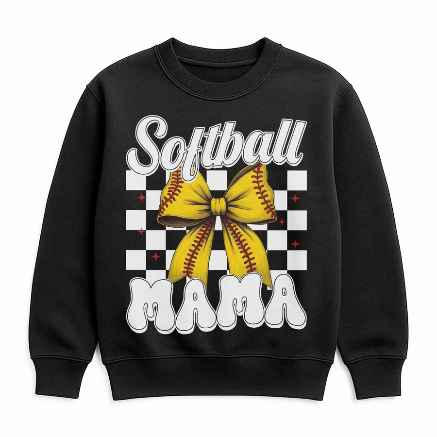 Softball Mama Sweatshirt | Retro Checkerboard Bow Graphic | Premium Cotton Blend | Game Day Apparel Gift for Baseball Mom