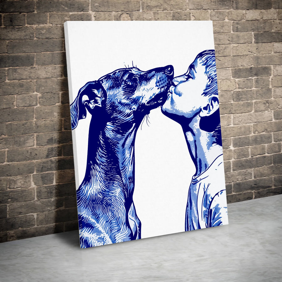 Greyhound Dog Canvas Wall Art | Blue and White Illustration of Child and Pet | Premium Gallery-Wrapped Portrait | Heartwarming Gift for Dog Lovers