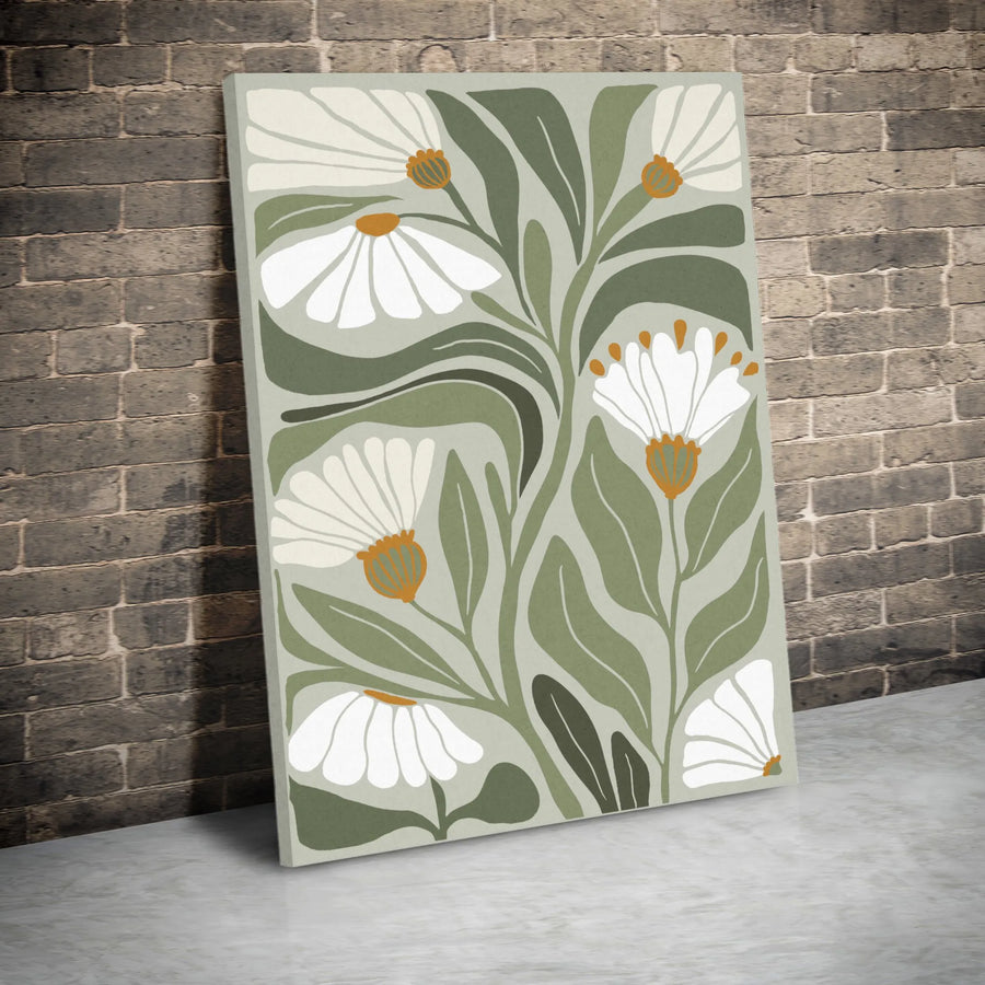 Sage Green Floral Vertical Canvas | Minimalist Daisy Illustration | Premium 1.25" Thick Gallery Wrap | Modern Botanical Boho Home Decor Gift