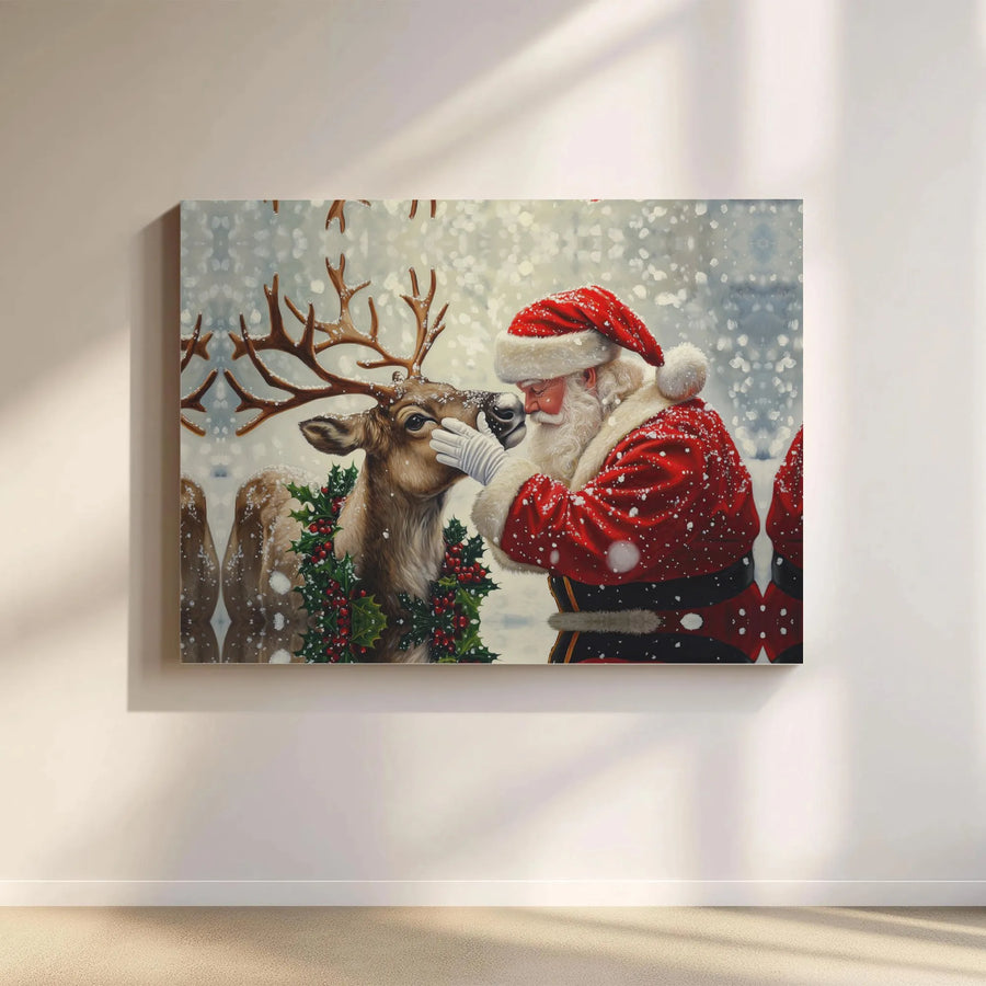 Santa Claus And Reindeer Canvas Wall Art | Whimsical Winter Holiday Scene | Premium Gallery Wrap Print | Festive Christmas Home Decor Gift