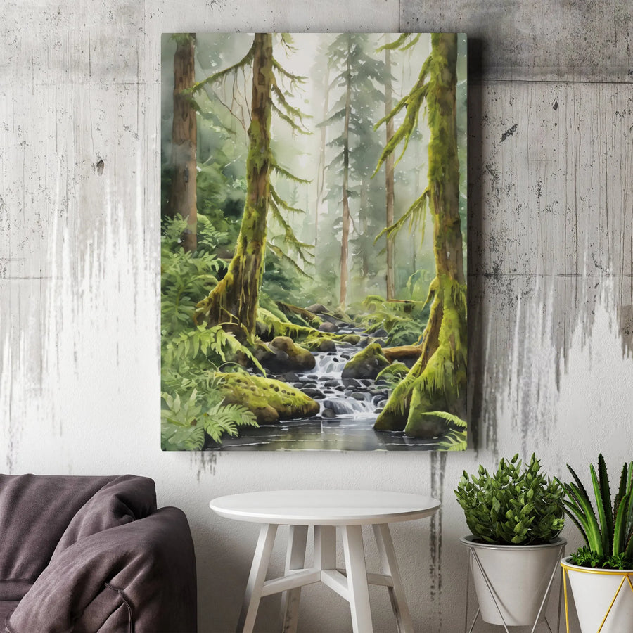 Misty Forest Vertical Canvas | Watercolor Stream Painting Wall Art | Premium 1.25" Thick Gallery Wrap | Nature Lover Home Decor Gift