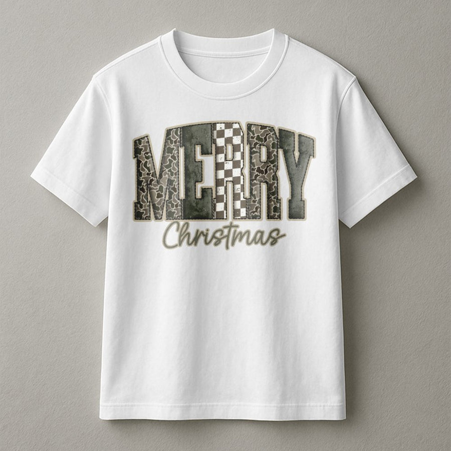 Merry Christmas Camo T-Shirt | Distressed Checkered Pattern Graphic | Premium 100% Cotton Tee | Unisex Holiday Gift for Women and Men