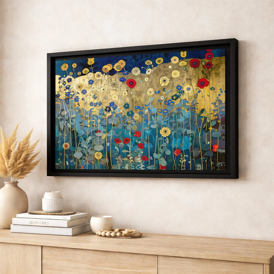 Abstract Gold And Blue Floral Canvas Wall Art | Wildflower Meadow With Red Poppies | Premium Gallery Wrap Print | Modern Home & Office Decor Gift