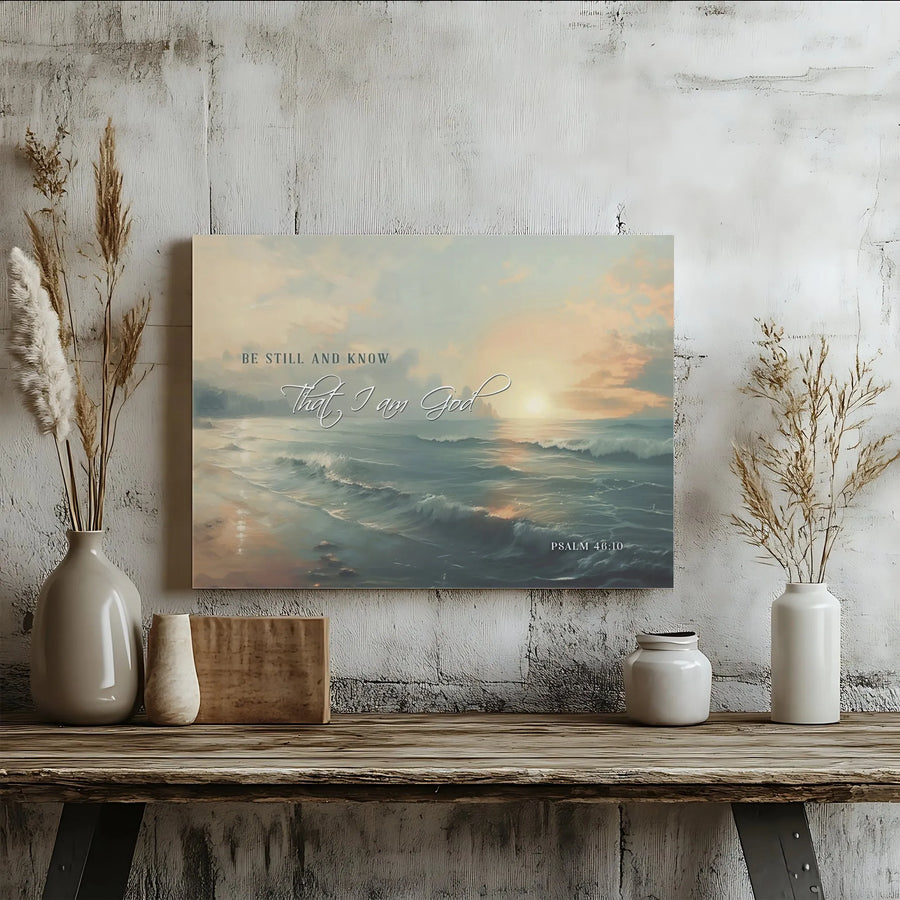 Psalm 46:10 Canvas Print | Be Still and Know Coastal Sunrise Wall Art | Premium Framed Religious Decor | Christian Housewarming Gift