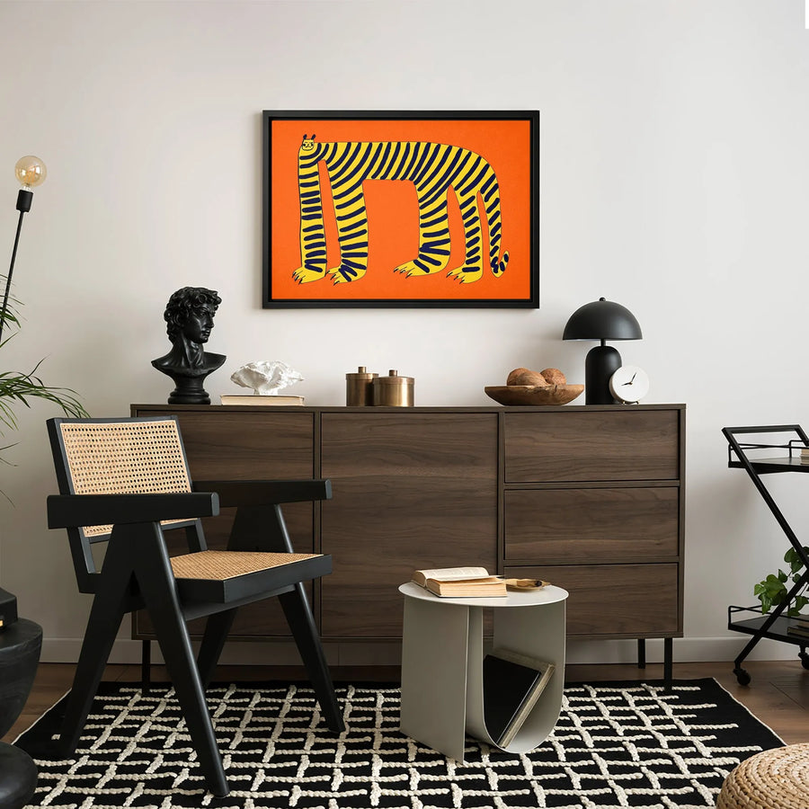 Abstract Long Body Cat Canvas Wall Art | Whimsical Tiger Illustration | Premium 1.25-Inch Gallery Wrap | Modern Home Decor Gift