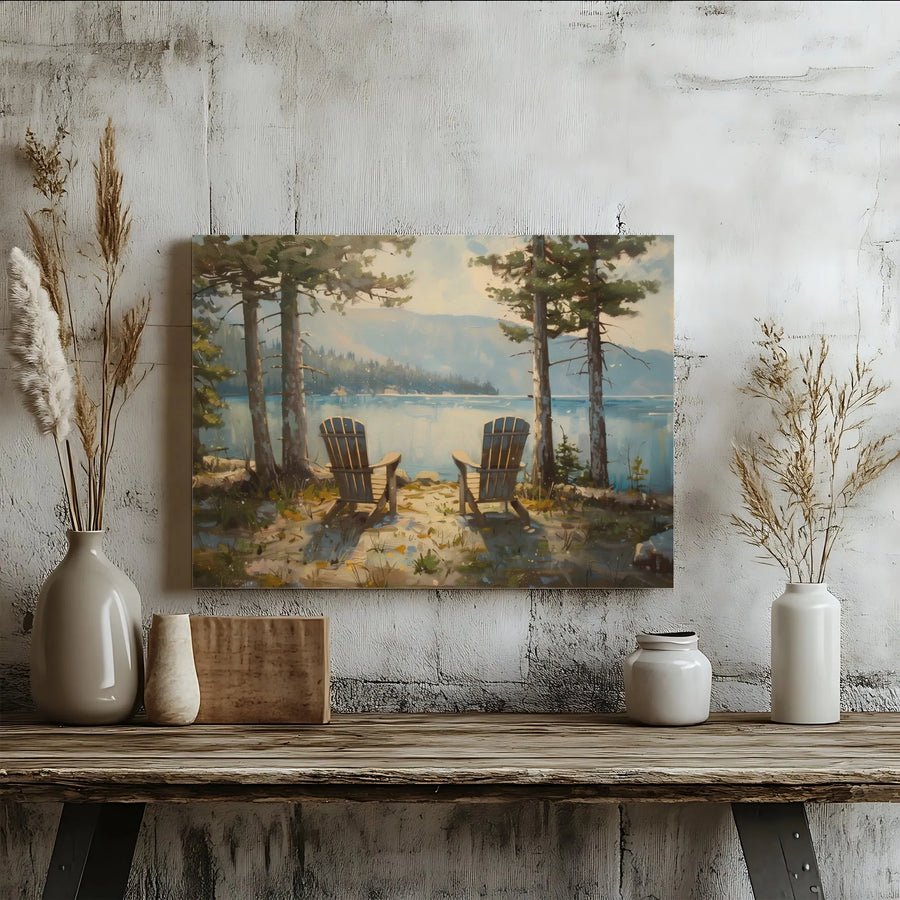 Lake House Wall Art | Peaceful Adirondack Chairs Nature Landscape | Premium Gallery Wrapped Canvas | Serene Cabin Decor Gift