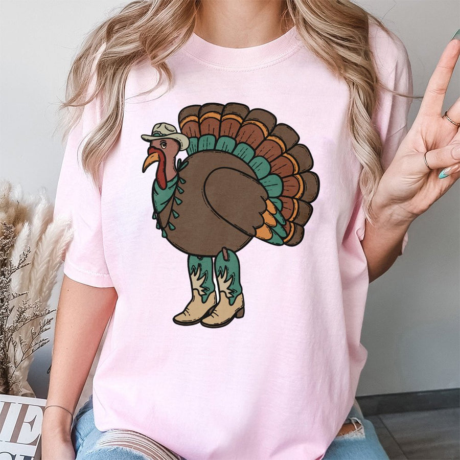 Western Turkey T-Shirt | Cowboy Boots Thanksgiving Graphic | 100% Cotton Premium Tee | Boho Fall Festive Gift for Women & Men