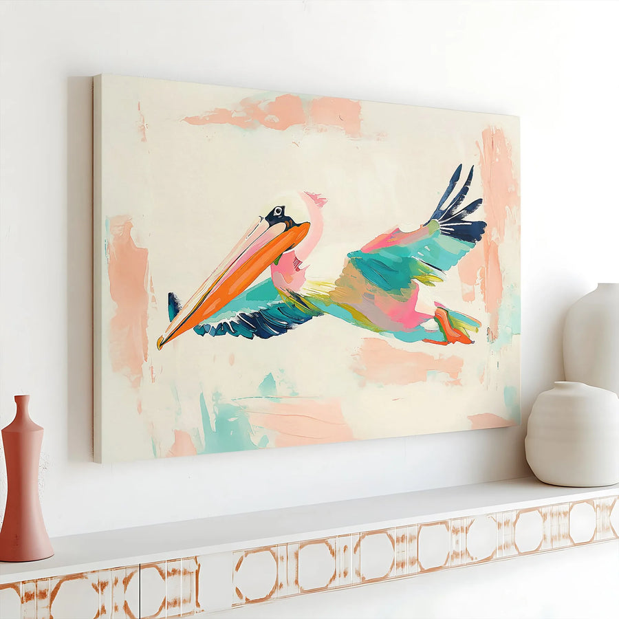 Abstract Pelican Canvas Wall Art | Colorful Coastal Bird Painting Print | Premium Thick Gallery Wrap | Modern Beach House Decor Gift