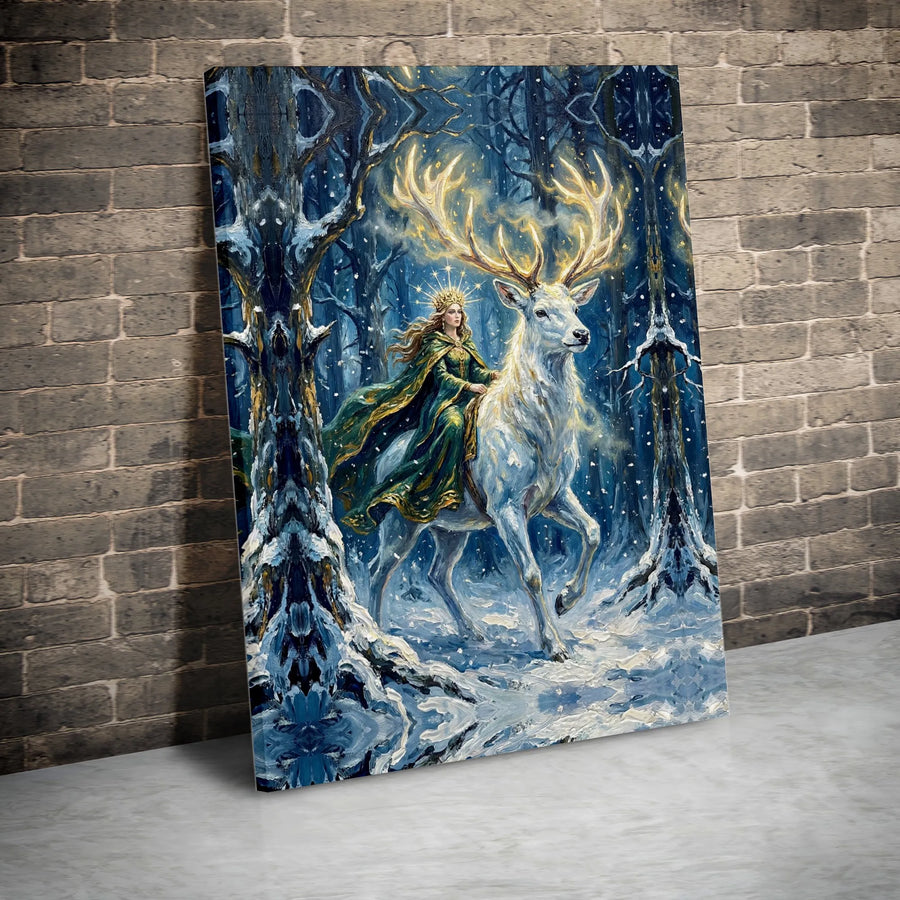 Fantasy Queen and Stag Canvas Print | Winter Forest Wall Art with Glowing Antlers | Premium Textured Digital Painting | Mythical Home Decor Gift