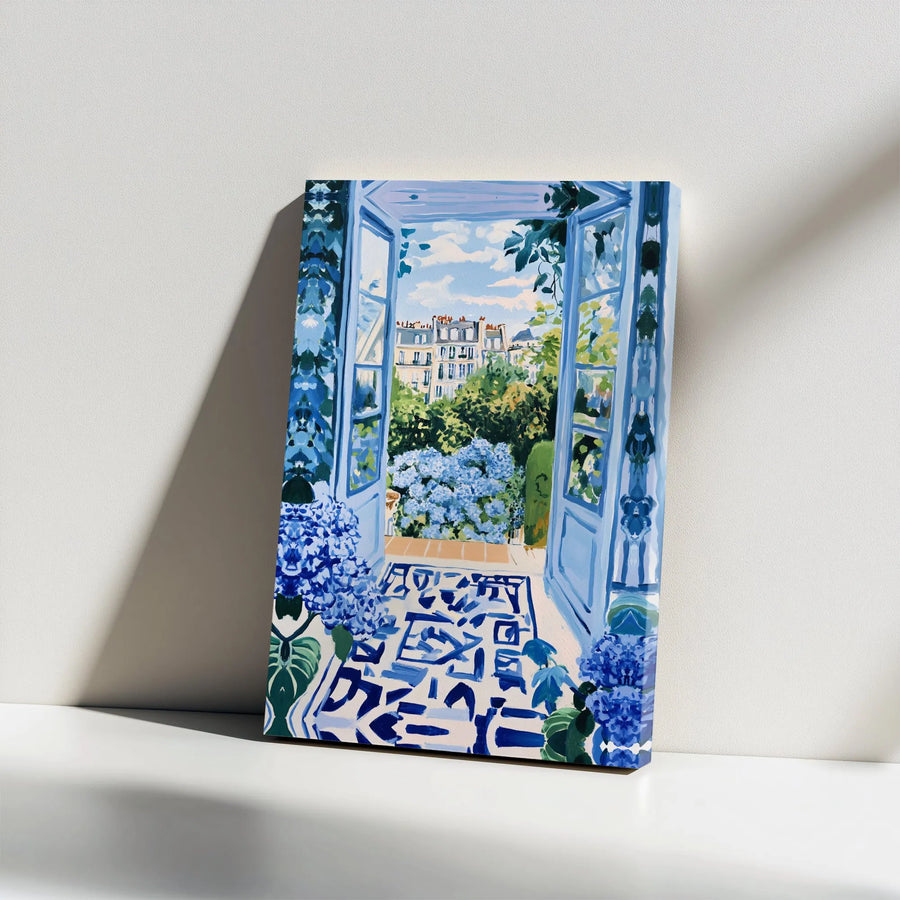 Parisian Balcony Canvas Wall Art | Impressionist View with Blue Hydrangeas | Thick Gallery Wrap Canvas | Modern French Country Decor Gift