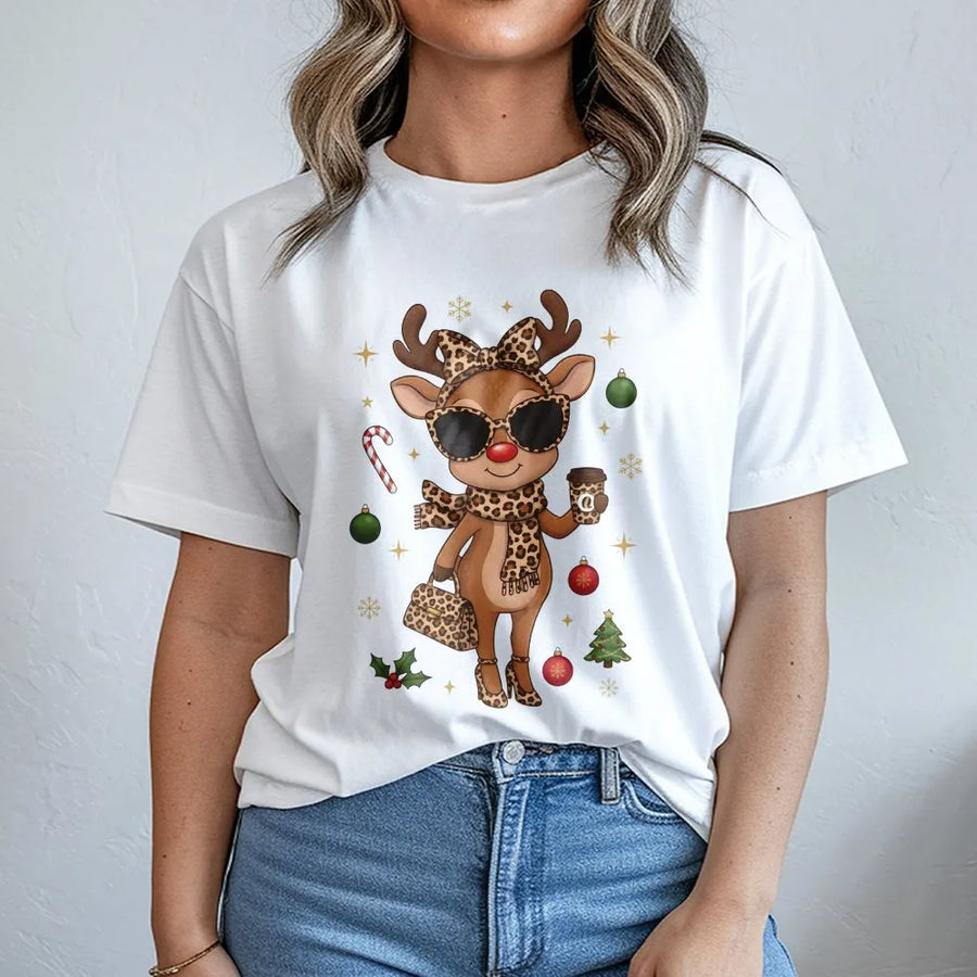 Boujee Reindeer T-Shirt | Leopard Print Christmas Graphic Tee | Premium Soft Cotton Holiday Apparel | Cute Animal Winter Gift for Women