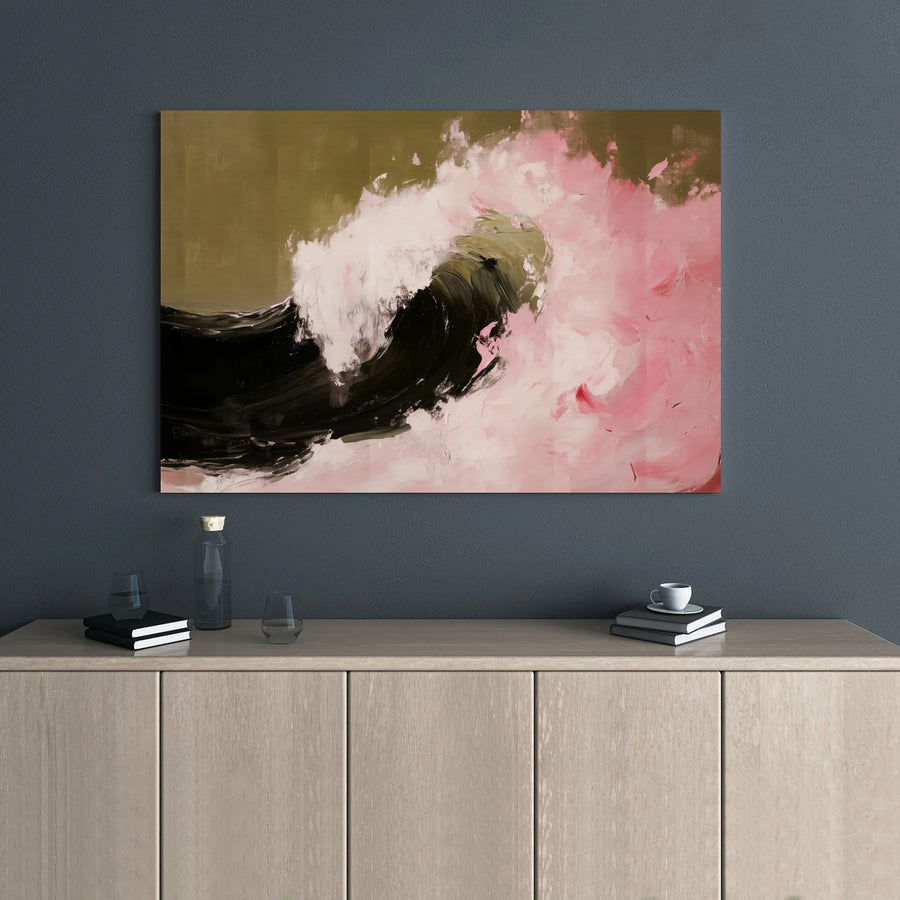 Abstract Wave Canvas Wall Art | Modern Pink and Olive Green Oil Painting Style | 1.25-Inch Gallery Wrap | Elegant Home Decor for Living Room