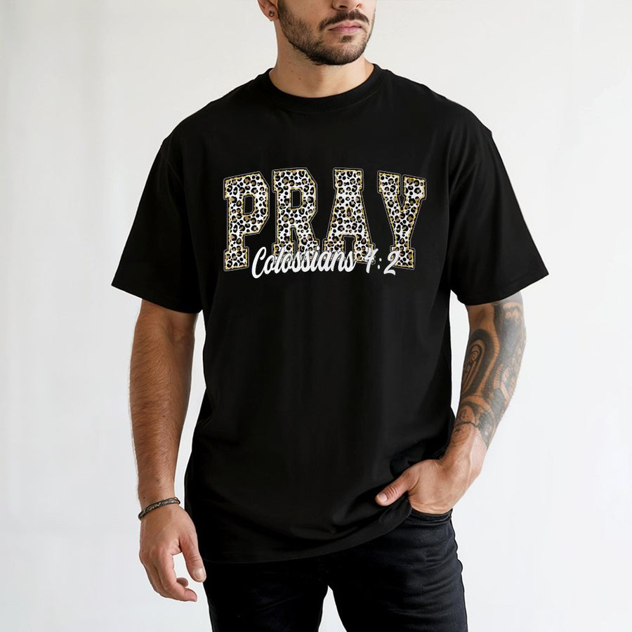 Pray Bible Verse T-Shirt | Leopard Print Collegiate Lettering | 100% Cotton Premium Quality | Christian Faith Apparel Gift for Women