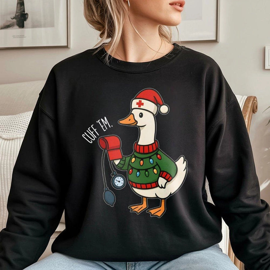 Christmas Nurse Sweatshirt | Funny Silly Goose Blood Pressure Cuff Design | Soft Cotton Blend | Holiday Gift for Nurses & Medical Students