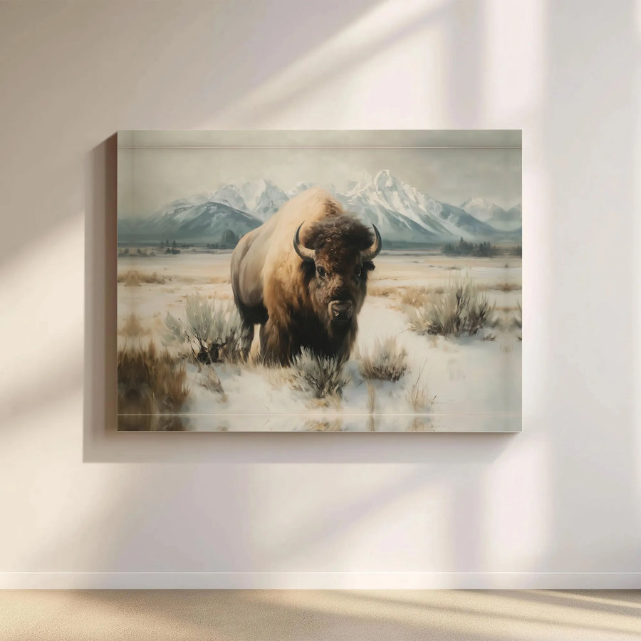 Majestic American Bison Horizontal Canvas | Rustic Winter Buffalo Mountain Landscape Art | Premium 1.25” Gallery Wrap Print | Nature Lover Cabin Decor Gift