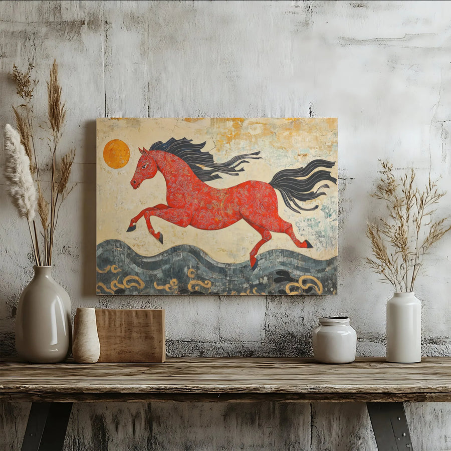Red Horse Canvas Wall Art | Folk Art Style Leaping Stallion | Premium 1.25" Gallery Wrap | Western Rustic Home Decor Gift