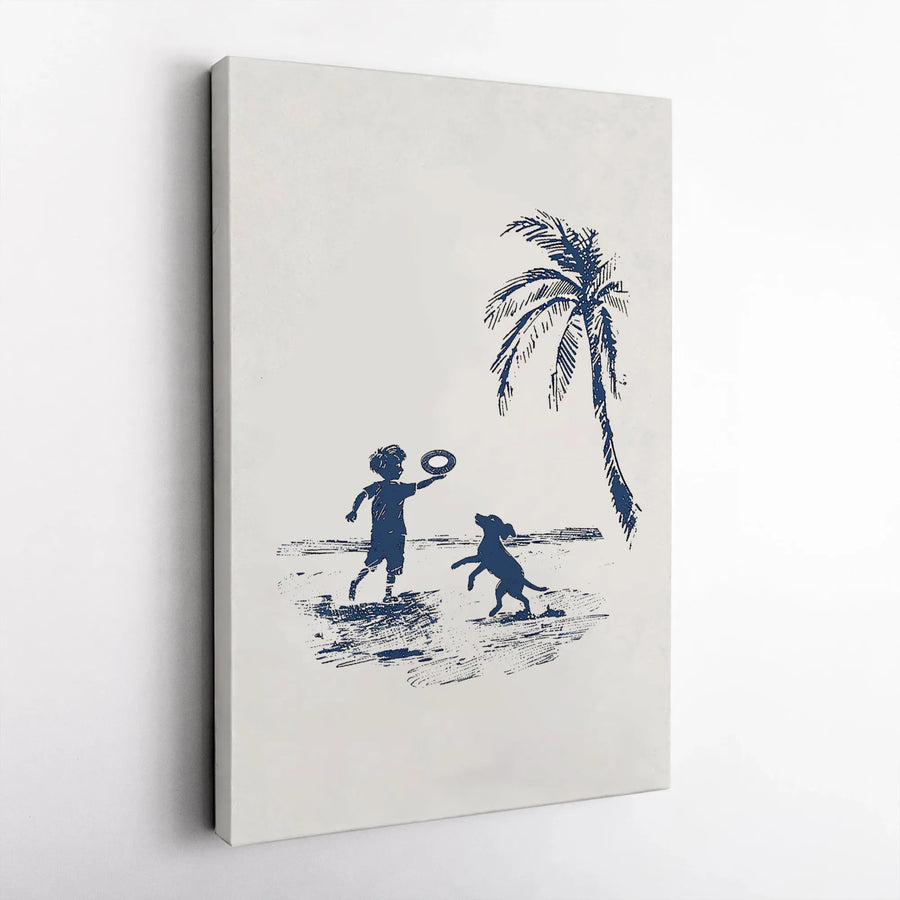 Boy and Dog Beach Canvas Print | Minimalist Sketch Art Illustration | Premium Thick Gallery Wrap Canvas | Coastal Home Decor Gift for Dog Lovers