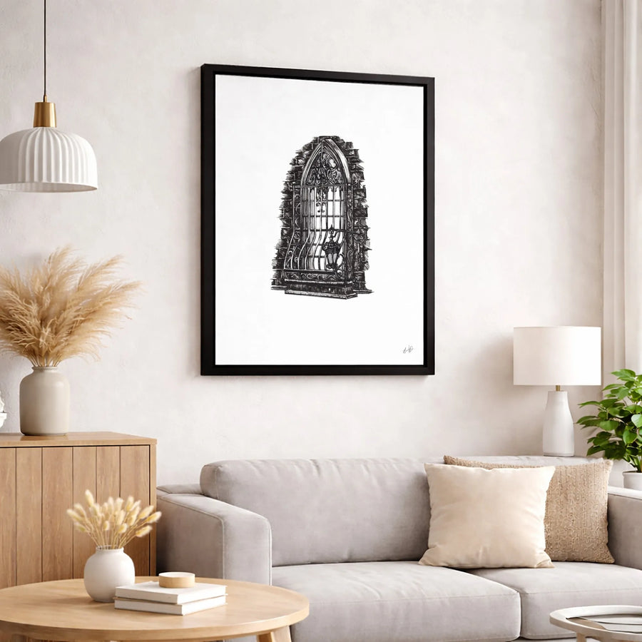 Gothic Arched Window Canvas Wall Art | Ornate Iron Grillwork Sketch | Gallery-Quality 1.25 inch Thick Print | Dark Academia Home Decor Gift