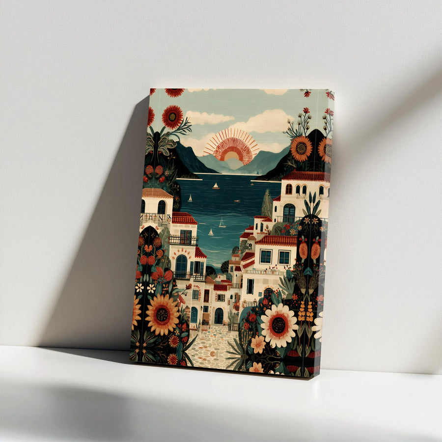 Mediterranean Village Canvas Print | Vintage Folk Art with Sunflowers | Premium Gallery Wrap Canvas | Boho Wall Decor Gift for Traveler