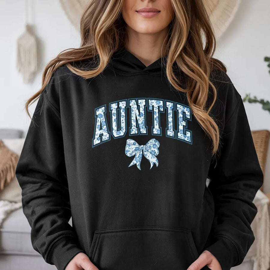 Auntie Hoodie | Cute Blue Floral Bow Design | Cozy Crewneck Pullover | Gift for New Aunt, Pregnancy Announcement