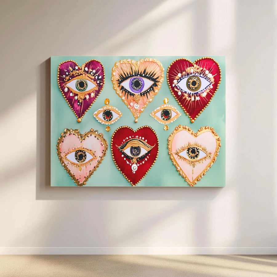 Evil Eye Heart Canvas Wall Art | Bohemian Sacred Hearts Print with 3D Effect | Premium Fade-Resistant Ink | Spiritual Home Decor Gift for Her