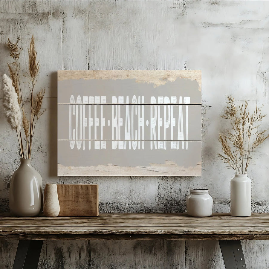 Coffee Beach Repeat Canvas Wall Art | Rustic Wood Plank Effect Print | Premium Quality Canvas | Coastal Home Decor Gift for Beach Lover