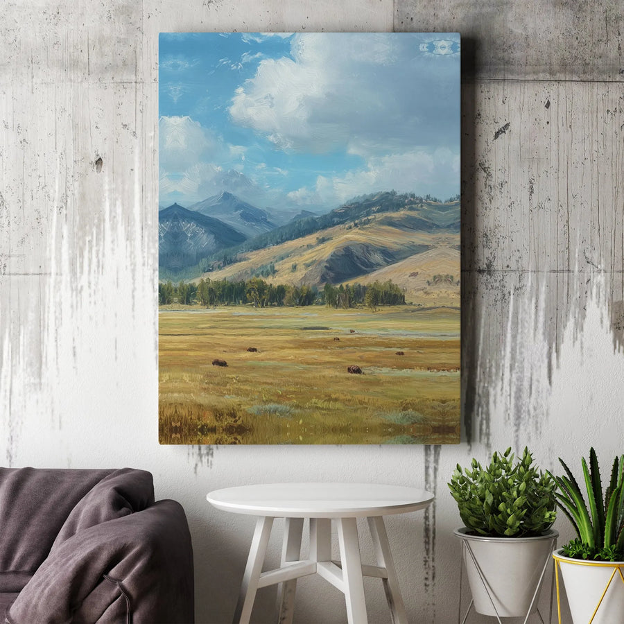 Mountain Landscape Vertical Canvas | Scenic Wild Bison Valley Oil Painting Style Art | Premium 1.25" Thick Gallery Wrap | Rustic Nature Lover Gift