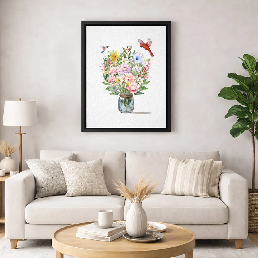 Watercolor Flower Bouquet Canvas Wall Art | Mason Jar with Hummingbird and Cardinal | Premium Gallery-Wrapped Print | Floral Home Decor Gift