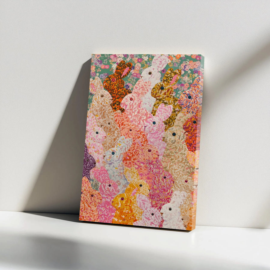 Colorful Rabbit Wall Art Canvas | Mosaic Pattern Bunny Decor | Premium Gallery Wrap Print | Whimsical Nursery or Home Decor Gift