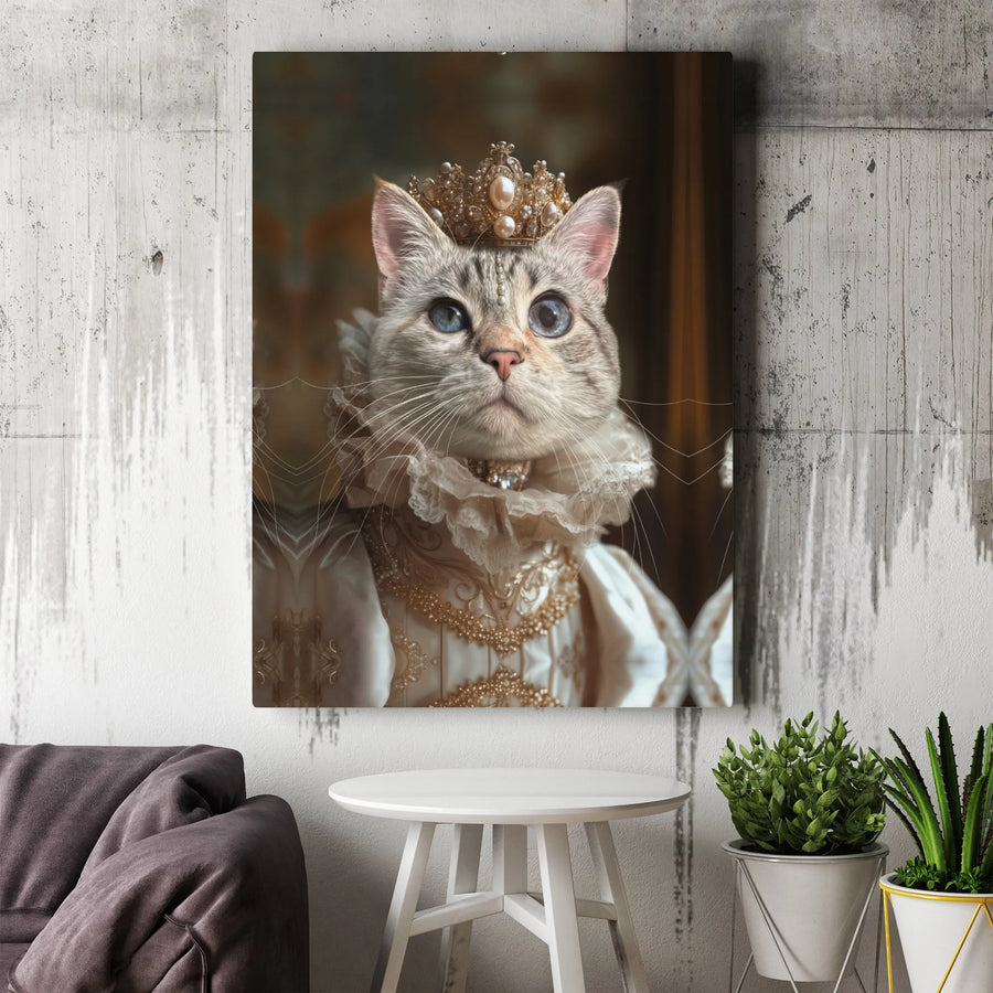 Queen Cat Canvas Wall Art | Funny Renaissance Pet Portrait with Crown | Premium Gallery Wrapped Canvas | Collector's Gift for Cat Lover