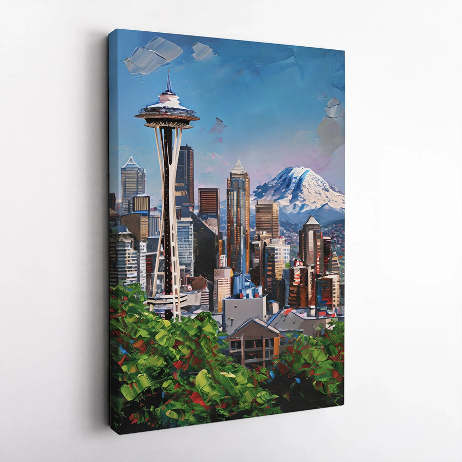 Seattle Skyline Vertical Canvas | Textured Palette Knife Art with Space Needle & Mt Rainier | Premium Gallery Wrap Canvas | Washington Home Decor Gift
