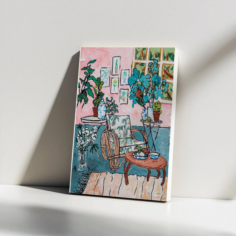 Tropical Plant Wall Art | Painterly Cane Chair & Botanical Room Scene | Premium Thick Profile Canvas | Gift for Home Decor Enthusiast
