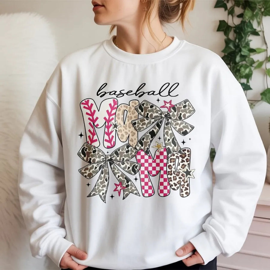 Baseball Mom Shirt | Coquette Bow Camo Leopard Print Graphic Tee | Soft Cotton Apparel | Gift for Sports Mom