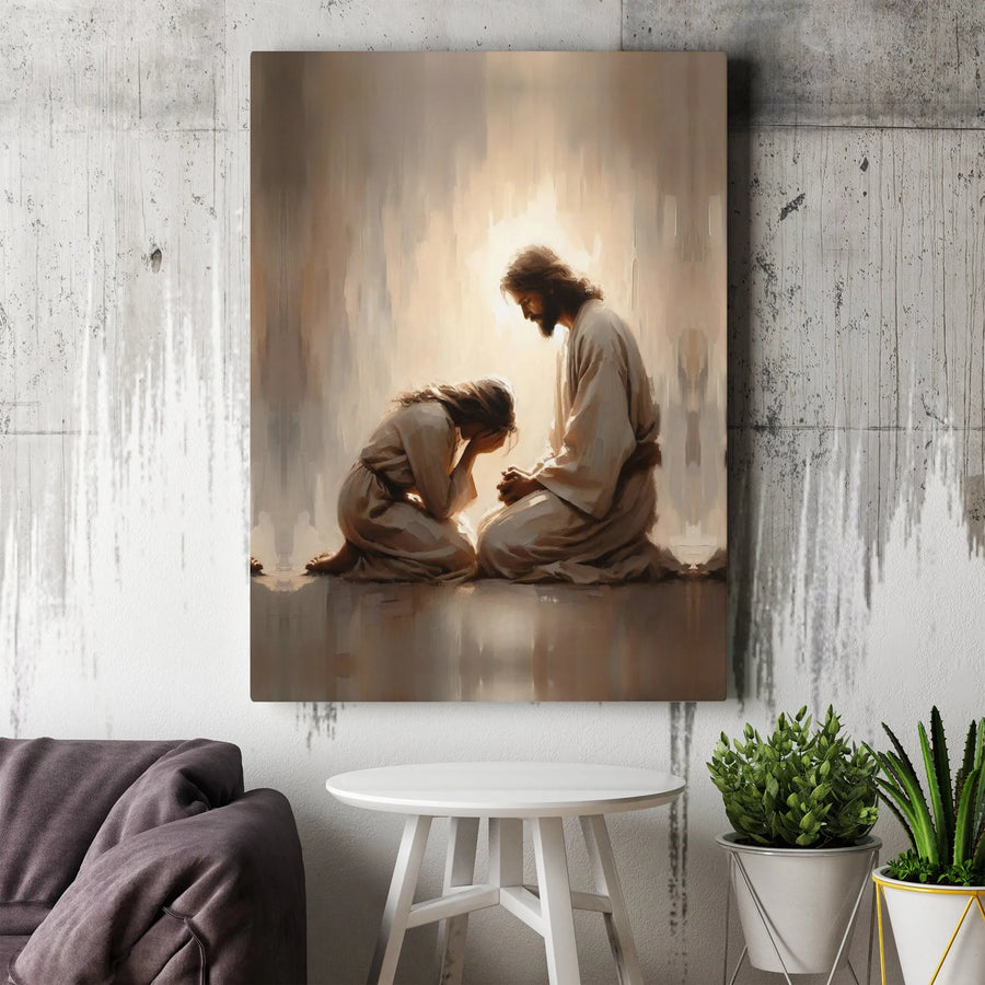 Jesus Comforting Kneeling Woman Canvas Print | Faith-Based Spiritual Wall Art | Premium Fade-Resistant Gallery Wrap | Religious Gift for Home Decor