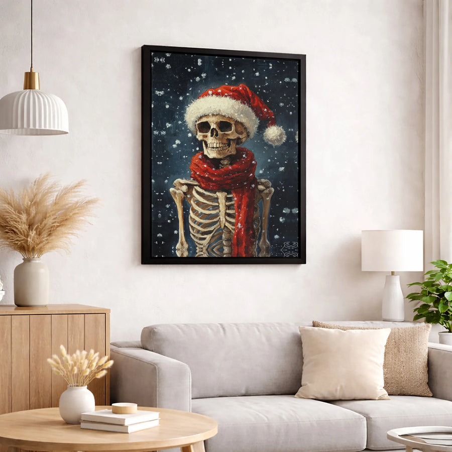 Christmas Skeleton Canvas Wall Art | Santa Hat and Red Scarf Holiday Decor | Fade-Resistant Gallery-Quality Print | Festive Gothic Home Gift