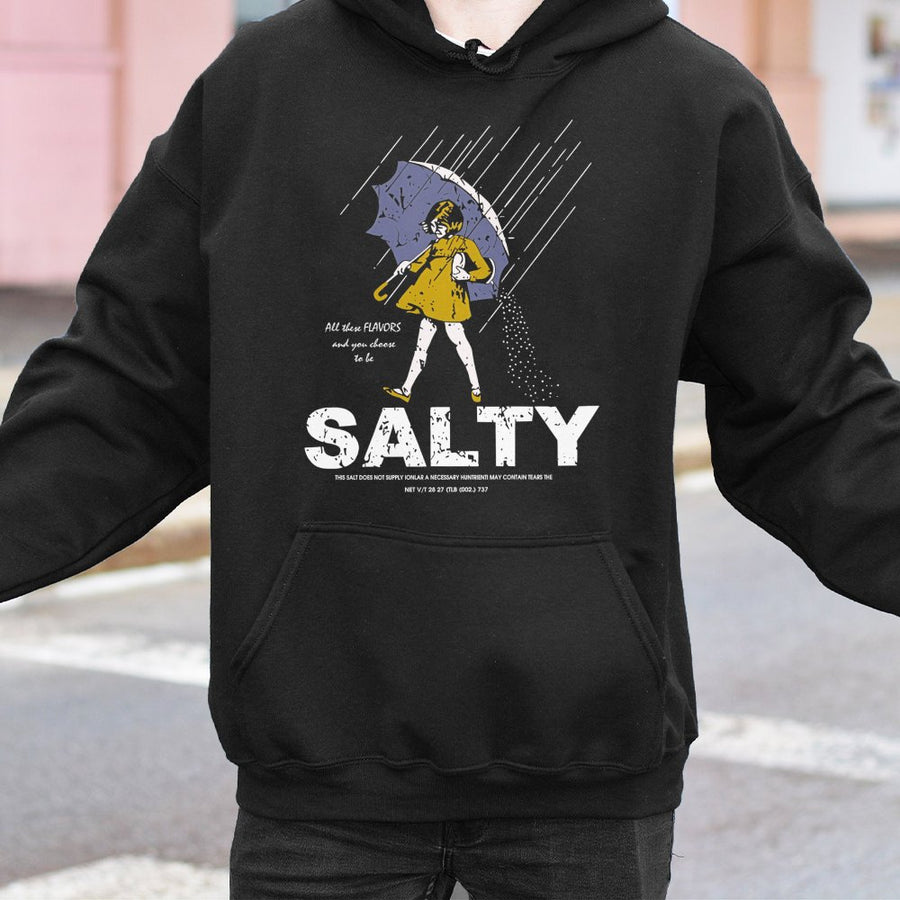 Salty Graphic Hoodie | Funny Retro Rain Girl Art Print | Premium Cotton Blend Streetwear | Sarcastic Gift for Men and Women