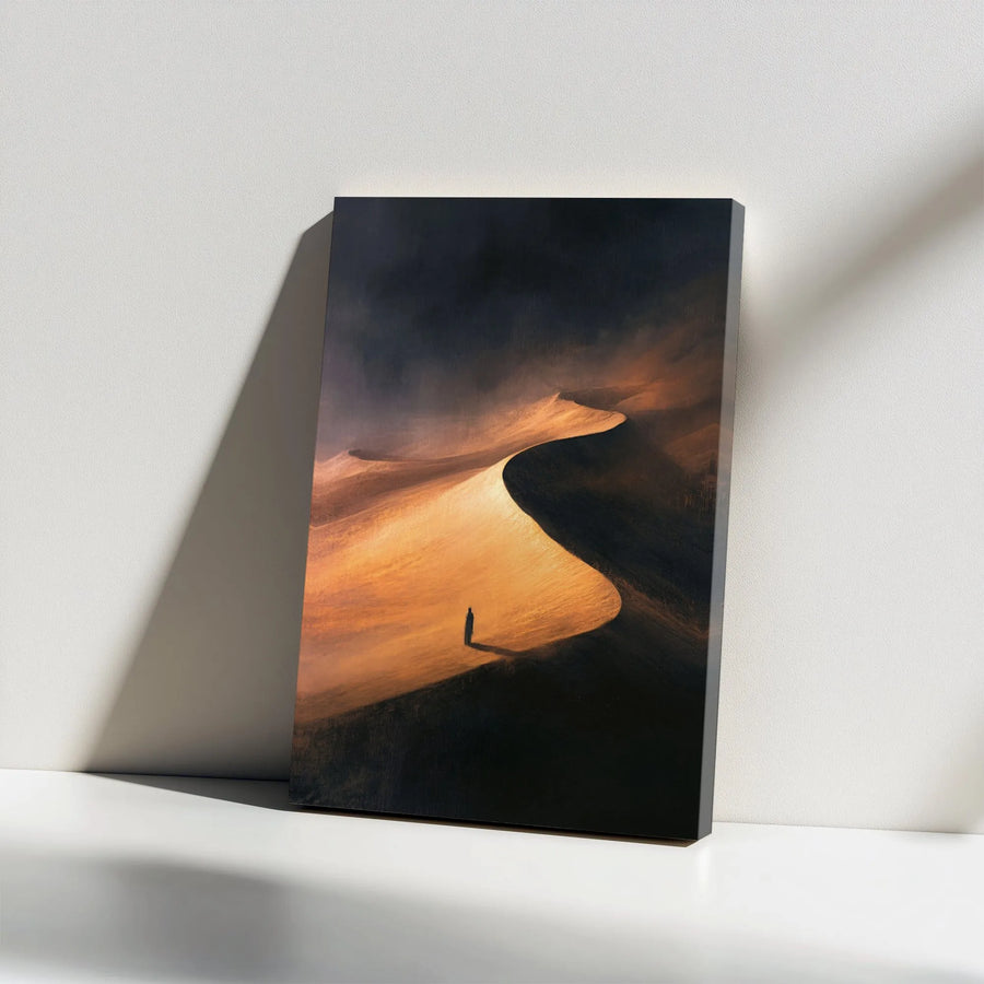 Desert Landscape Wall Art | Solitary Figure on Golden Sand Dunes | Premium Gallery Wrap Canvas | Modern Minimalist Home Office Decor