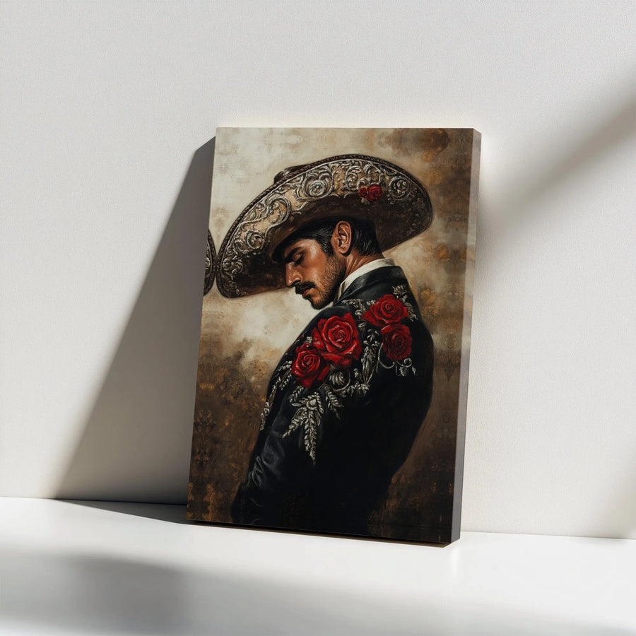 Charro Canvas Wall Art | Vintage Mexican Mariachi Portrait with Red Roses | Premium Canvas Print | Hispanic Heritage Decor Gift