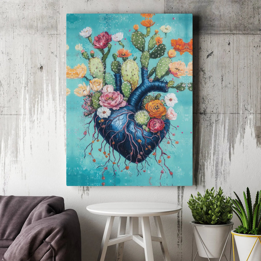 Anatomical Heart Canvas Print | Surreal Cactus & Wildflower Painting | Premium Textured Gallery Wrap | Cardiologist Office Art Gift