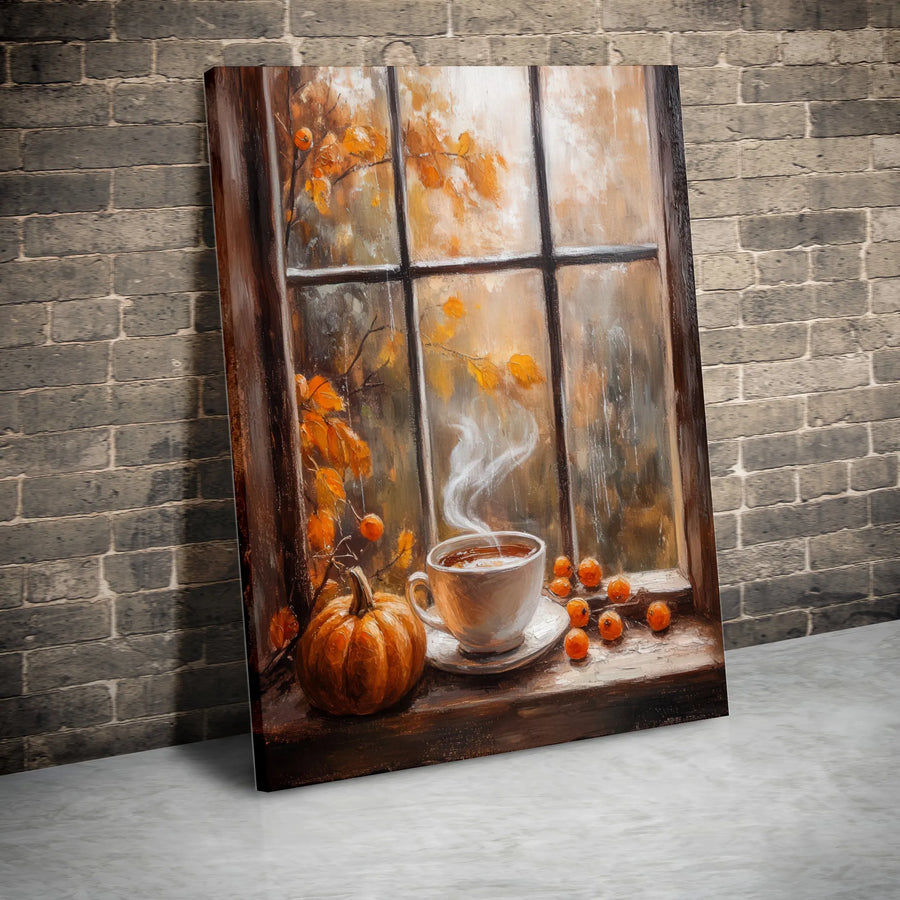 Autumn Window Canvas Print | Rainy Fall Day with Coffee and Pumpkin | Premium Gallery-Wrapped Wall Art | Cozy Home Decor Gift