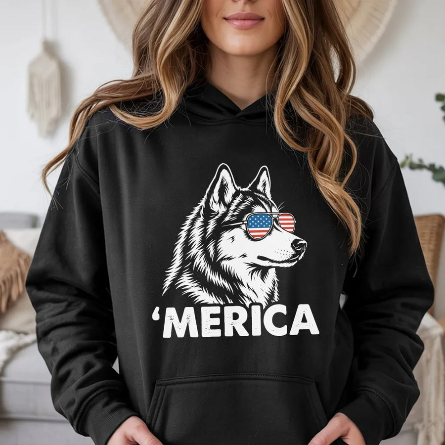 Patriotic Husky Hoodie | 'Merica Dog with American Flag Sunglasses | Soft 100% Cotton Tee | Funny Fourth of July Gift for Men